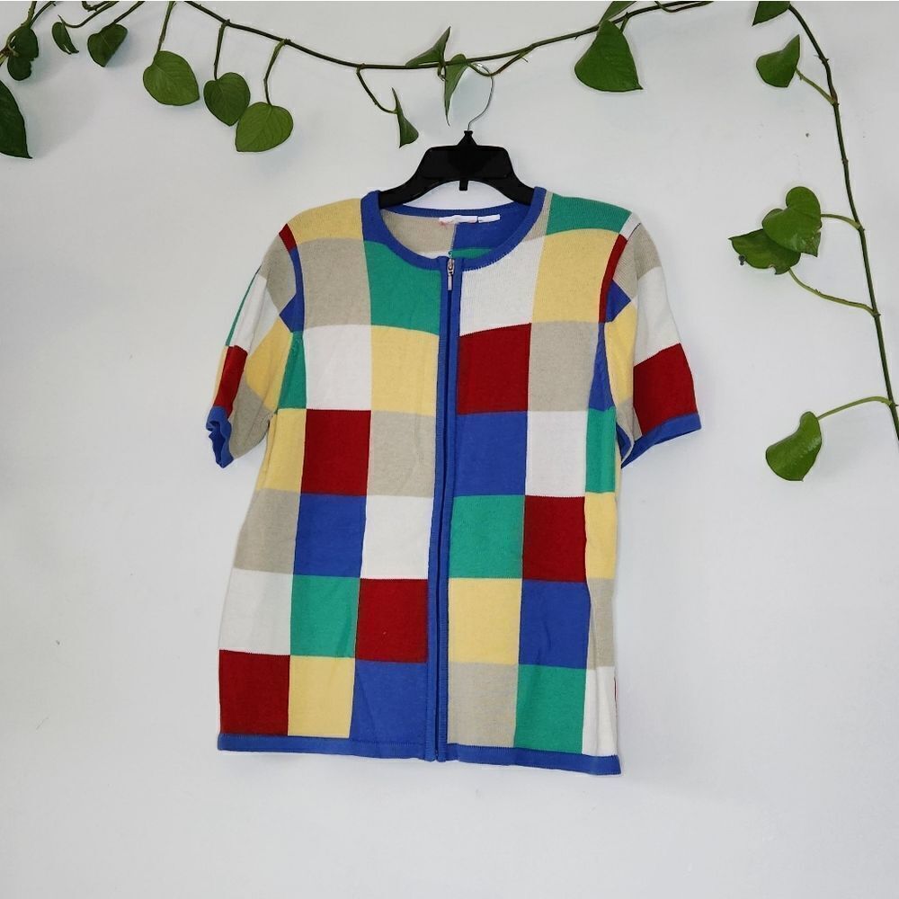 Y2K 90s Checker Zip Front Knit Sweater  Short Sleeve Vintage 90s Large